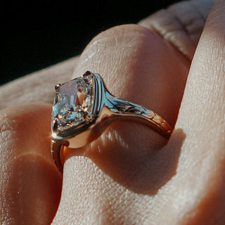 Hand-engraved ring shank at the Atelier Fine Co. bench.