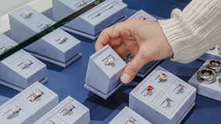 Close view of fine jewelry displayed in the Vancouver showroom case.