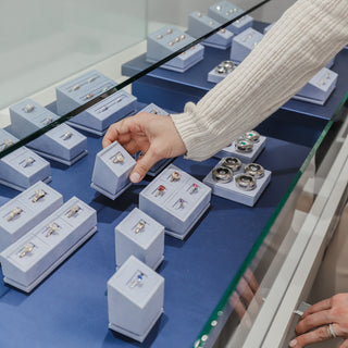 Diamond rings displayed in a showcase at the Atelier Fine Co. showroom in downtown Vancouver.