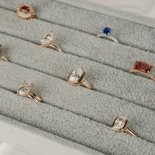 Engagement rings displayed on a tray at the Vancouver showroom.