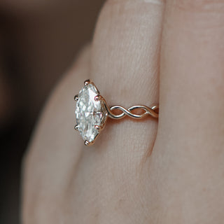 Marquise lab grown diamond engagement ring with braided shank in yellow gold, custom made in Vancouver.