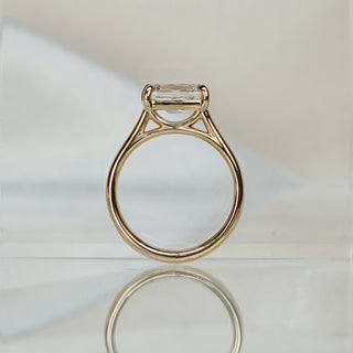 Old mine cut lab diamond cathedral ring standing upright with reflection, arched shank meeting the horizontal stone.