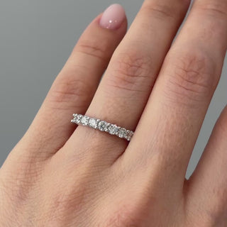 Video of a white gold lab grown diamond half eternity band worn on the hand, 1.20 ctw stone row in motion.